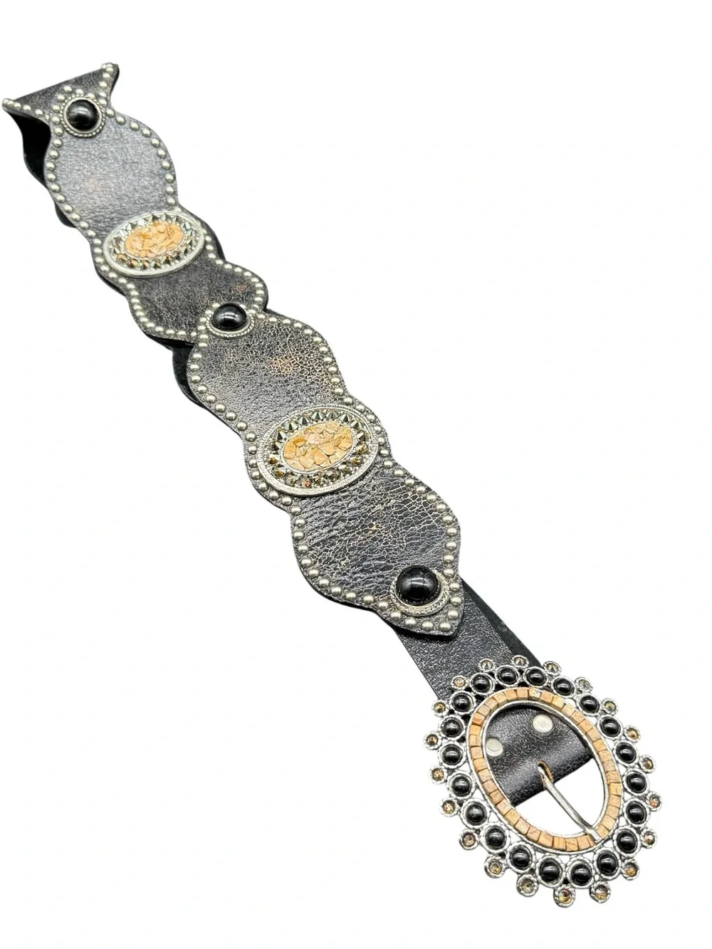 Leatherock 38 XL Black Leather Studded Scallop Western Boho Statement Belt 5934